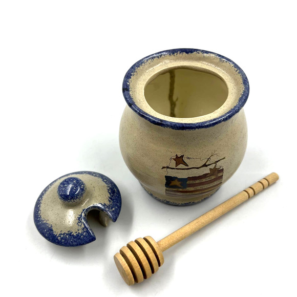 Americana Primitive Honey Jar With Honey Comb Ladle Glazed Ceramic Decor - Picture 1 of 8